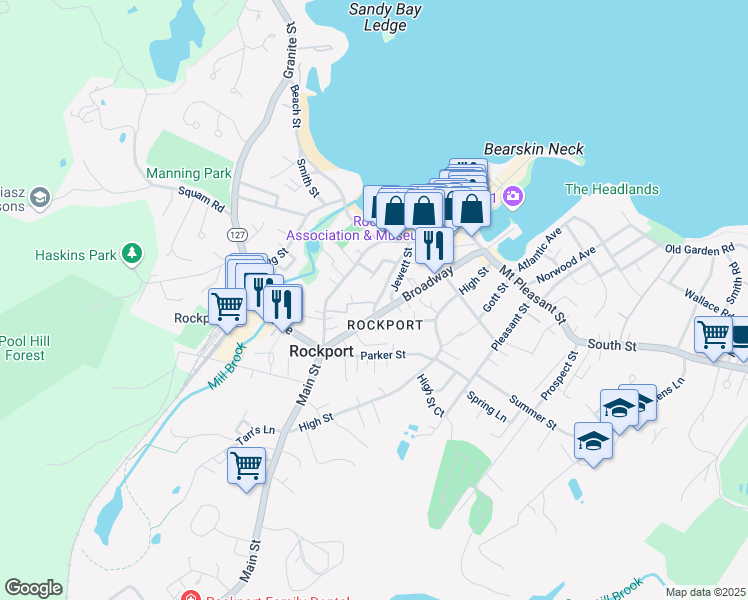 map of restaurants, bars, coffee shops, grocery stores, and more near 54A-C Main Street in Rockport