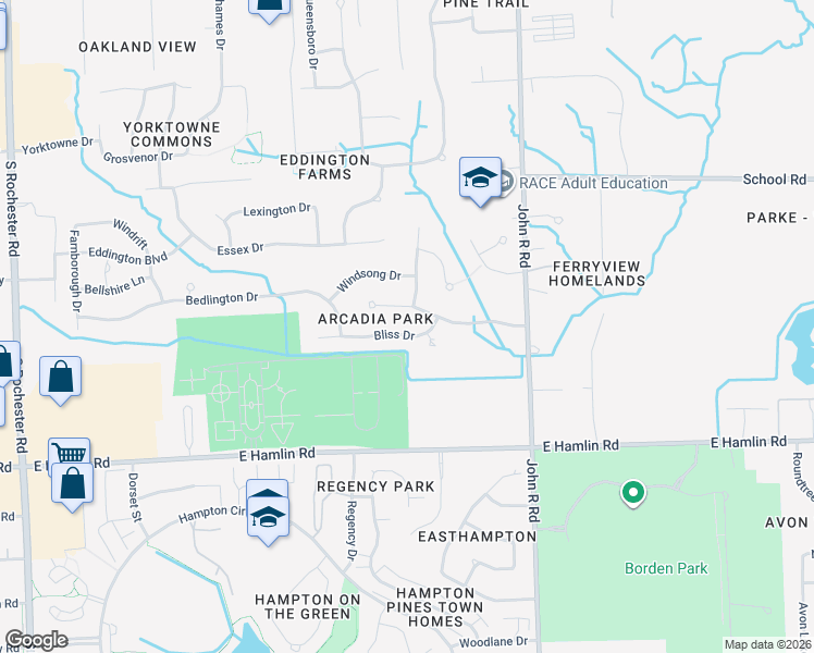 map of restaurants, bars, coffee shops, grocery stores, and more near 753 Bliss Drive in Rochester Hills