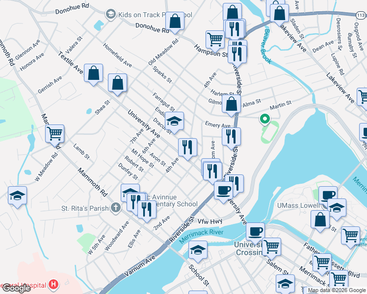 map of restaurants, bars, coffee shops, grocery stores, and more near 40 Endicott Street in Lowell