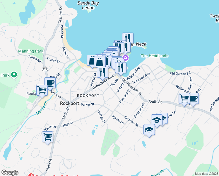map of restaurants, bars, coffee shops, grocery stores, and more near 28 School Street in Rockport
