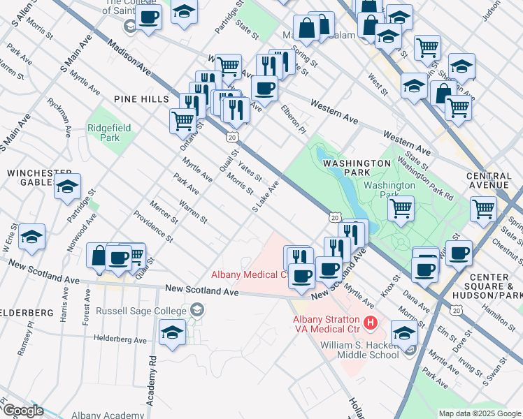 map of restaurants, bars, coffee shops, grocery stores, and more near 120 South Lake Avenue in Albany