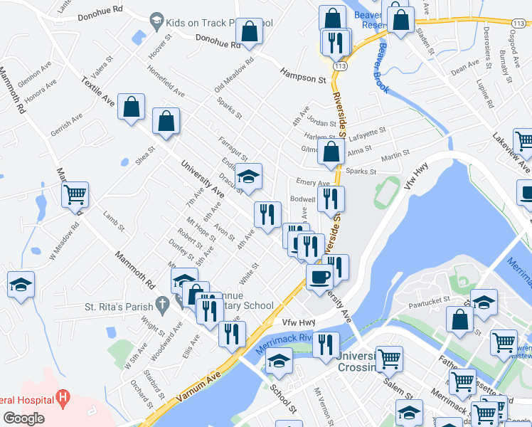 map of restaurants, bars, coffee shops, grocery stores, and more near 209 4th Avenue in Lowell