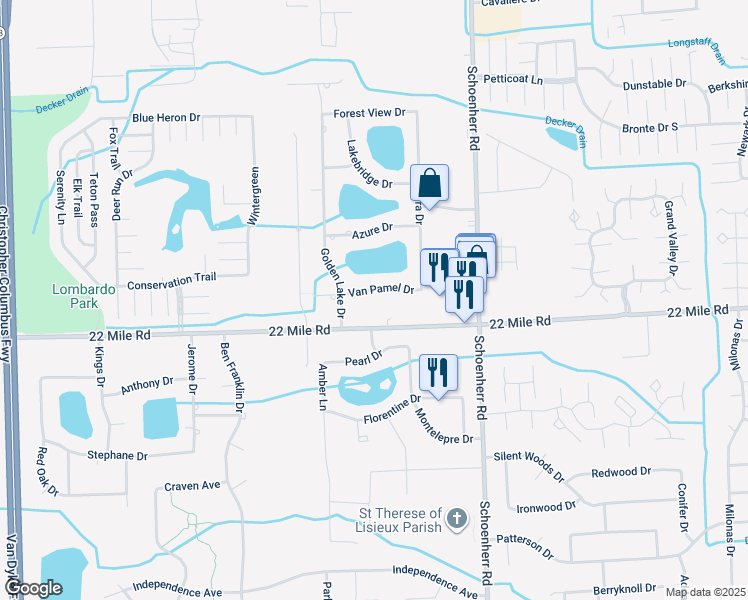 map of restaurants, bars, coffee shops, grocery stores, and more near 13171 Van Pamel Drive in Macomb County