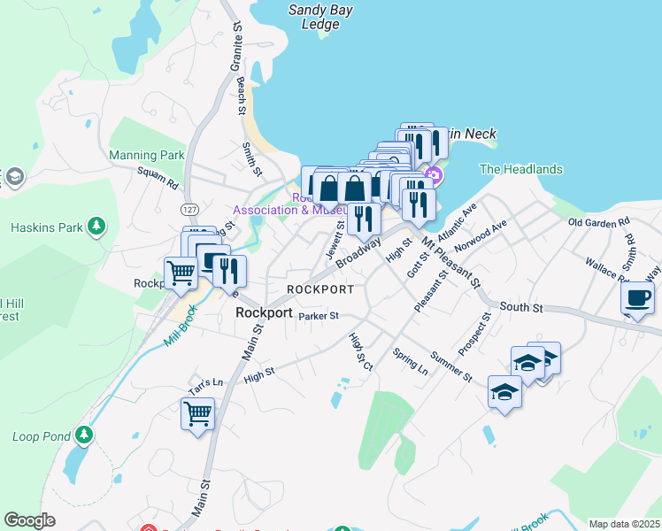 map of restaurants, bars, coffee shops, grocery stores, and more near 5 Cleaves Street in Rockport
