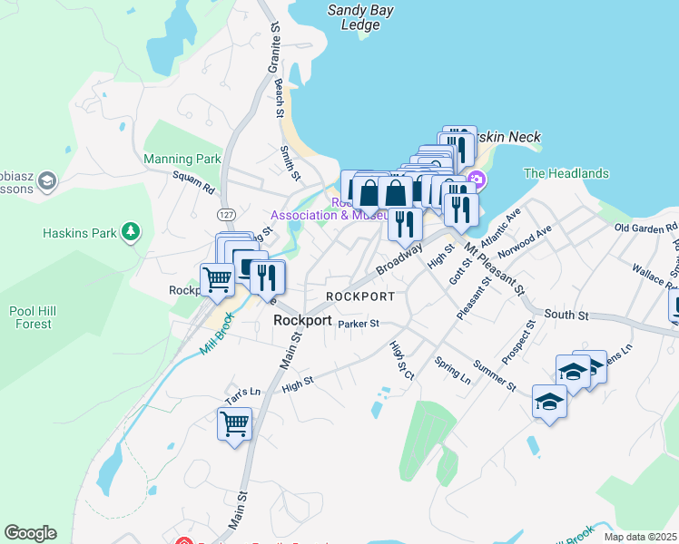 map of restaurants, bars, coffee shops, grocery stores, and more near 54A-C Main Street in Rockport