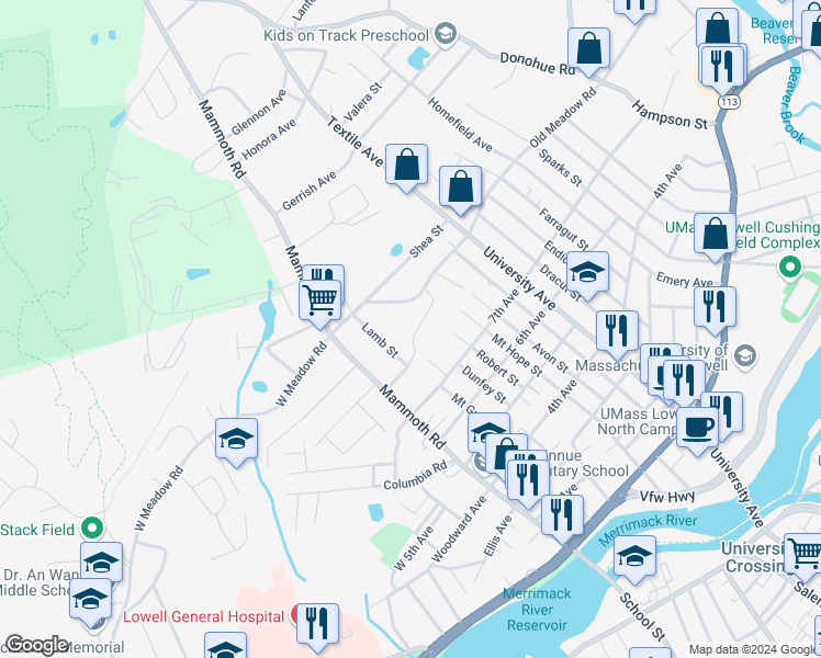 map of restaurants, bars, coffee shops, grocery stores, and more near 79 East Meadow Road in Lowell