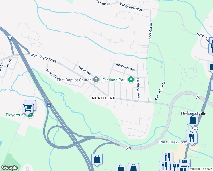 map of restaurants, bars, coffee shops, grocery stores, and more near 36 Elmhurst Avenue in Rensselaer