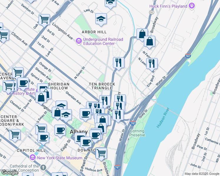 map of restaurants, bars, coffee shops, grocery stores, and more near 53 Ten Broeck Street in Albany