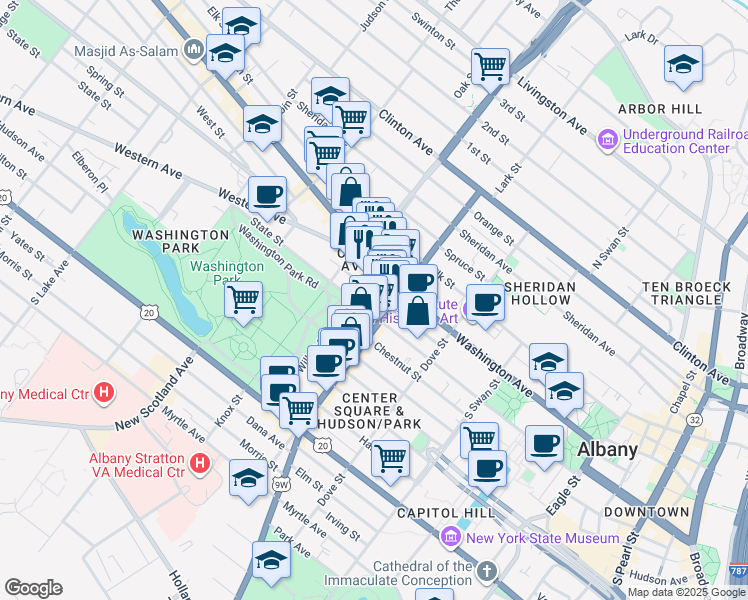 map of restaurants, bars, coffee shops, grocery stores, and more near 196 Lark Street in Albany