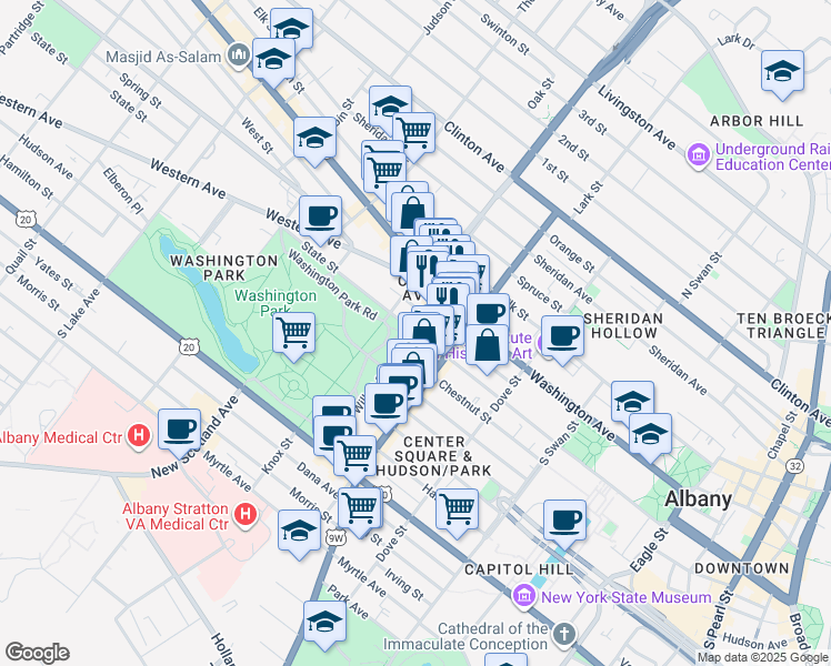 map of restaurants, bars, coffee shops, grocery stores, and more near 90 Spring Street in Albany