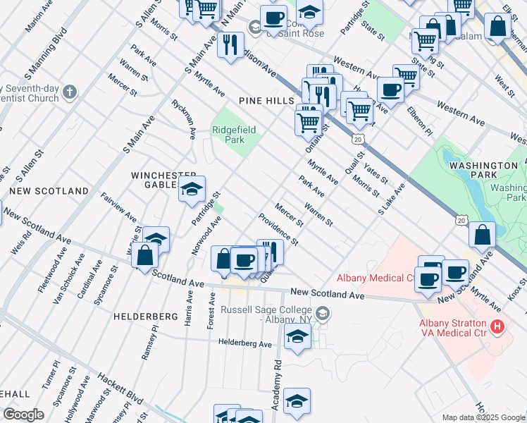 map of restaurants, bars, coffee shops, grocery stores, and more near 638 Mercer Street in Albany