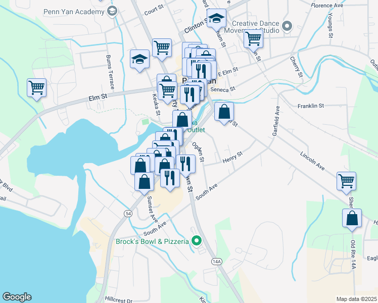 map of restaurants, bars, coffee shops, grocery stores, and more near 142 Lake Street in Penn Yan