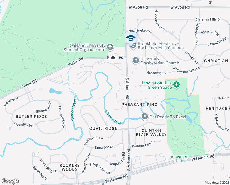 map of restaurants, bars, coffee shops, grocery stores, and more near 1554 Charter Oak Drive in Rochester Hills