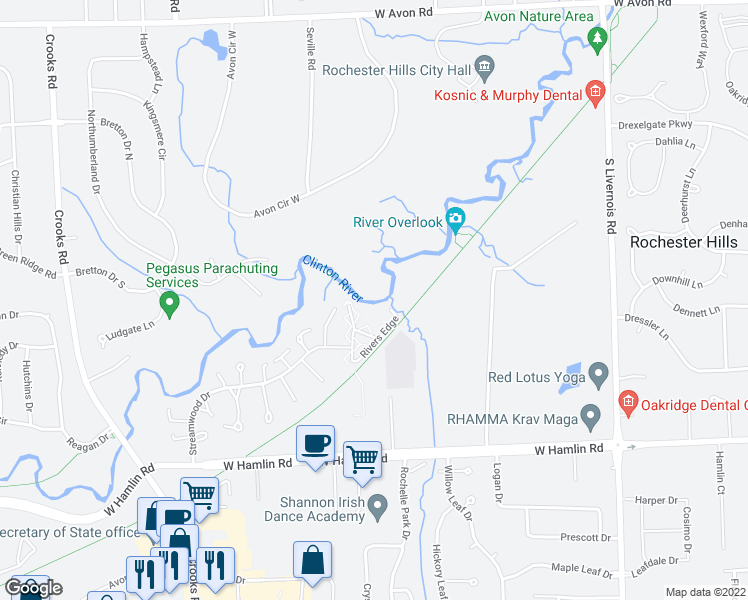 map of restaurants, bars, coffee shops, grocery stores, and more near 1598 Streamwood Court in Rochester Hills