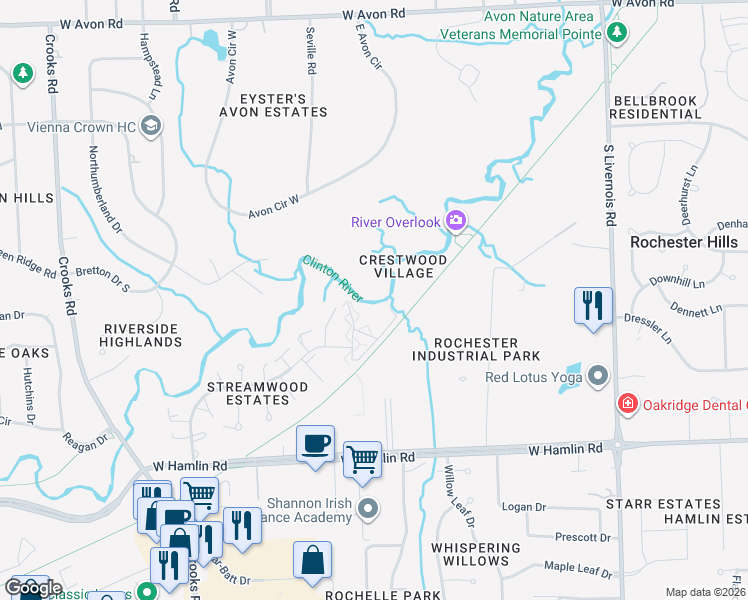 map of restaurants, bars, coffee shops, grocery stores, and more near 1630 River View Drive in Rochester Hills