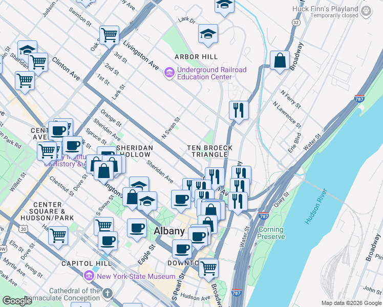 map of restaurants, bars, coffee shops, grocery stores, and more near 8 Saint Joseph's Terrace in Albany