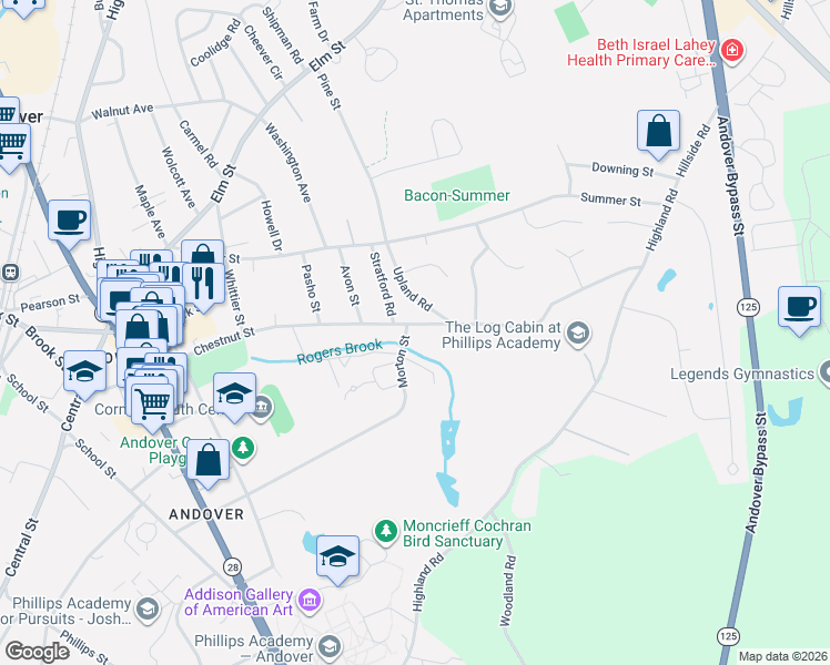 map of restaurants, bars, coffee shops, grocery stores, and more near 123 Chestnut Street in Andover