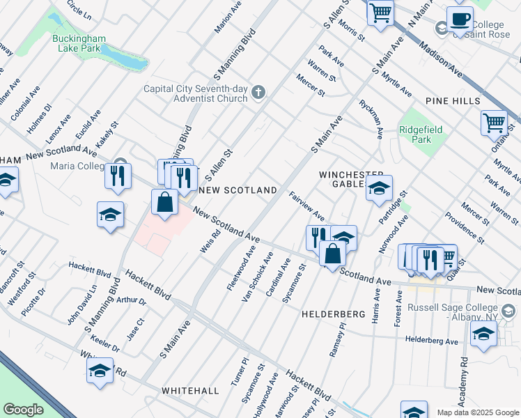 map of restaurants, bars, coffee shops, grocery stores, and more near 10 Harvard Avenue in Albany