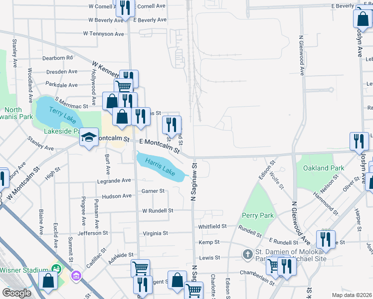 map of restaurants, bars, coffee shops, grocery stores, and more near 121 East Montcalm Street in Pontiac