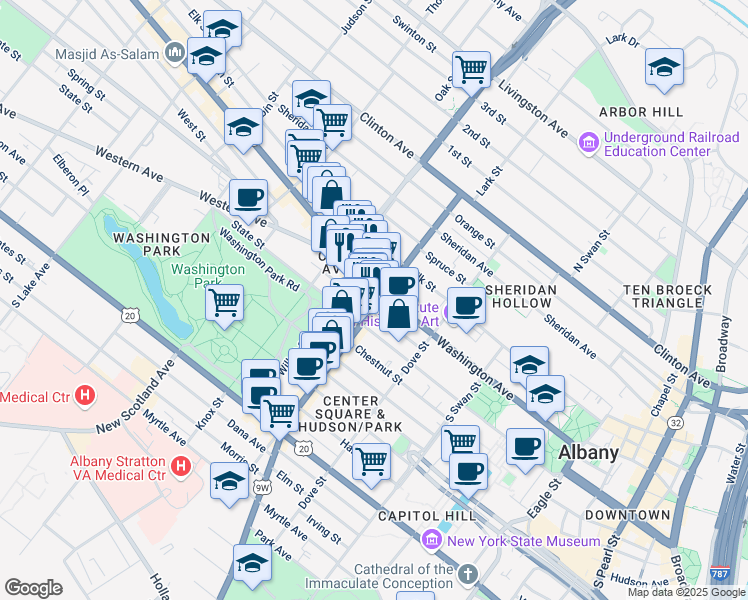 map of restaurants, bars, coffee shops, grocery stores, and more near 185 Lark Street in Albany