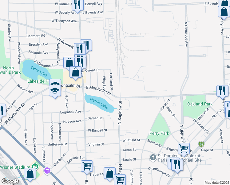 map of restaurants, bars, coffee shops, grocery stores, and more near 121 East Montcalm Street in Pontiac