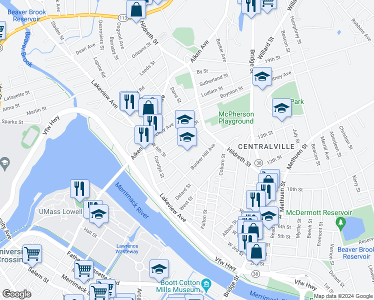 map of restaurants, bars, coffee shops, grocery stores, and more near 68 Homestead Road in Lowell