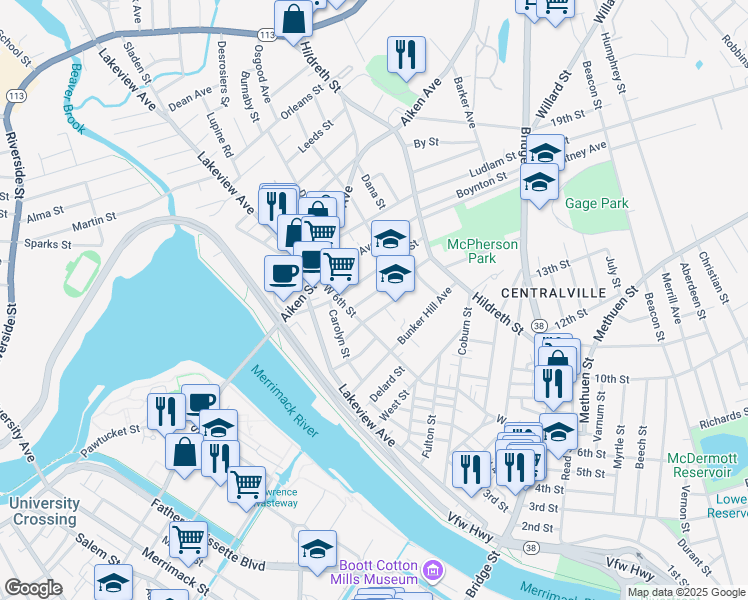 map of restaurants, bars, coffee shops, grocery stores, and more near 72 Beaulieu Street in Lowell
