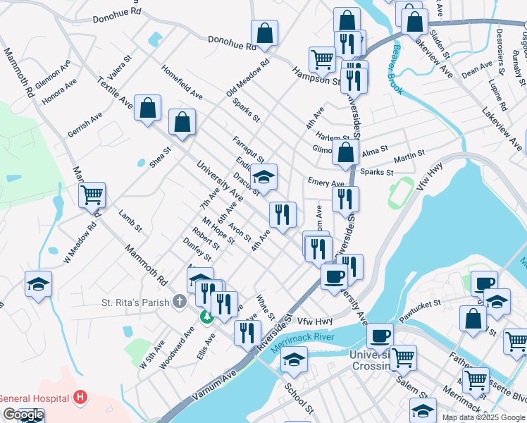map of restaurants, bars, coffee shops, grocery stores, and more near 245 University Avenue in Lowell