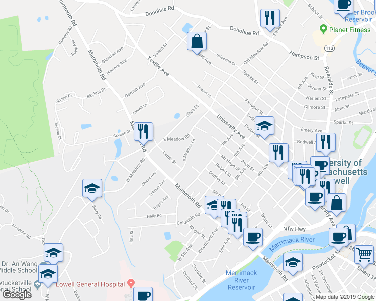 map of restaurants, bars, coffee shops, grocery stores, and more near 0 Lowell Street in Wilmington
