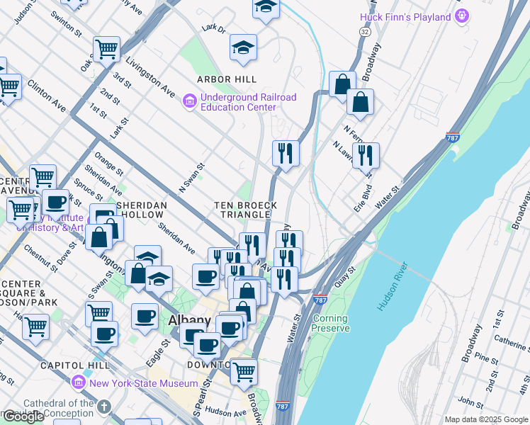 map of restaurants, bars, coffee shops, grocery stores, and more near 53 Ten Broeck Street in Albany
