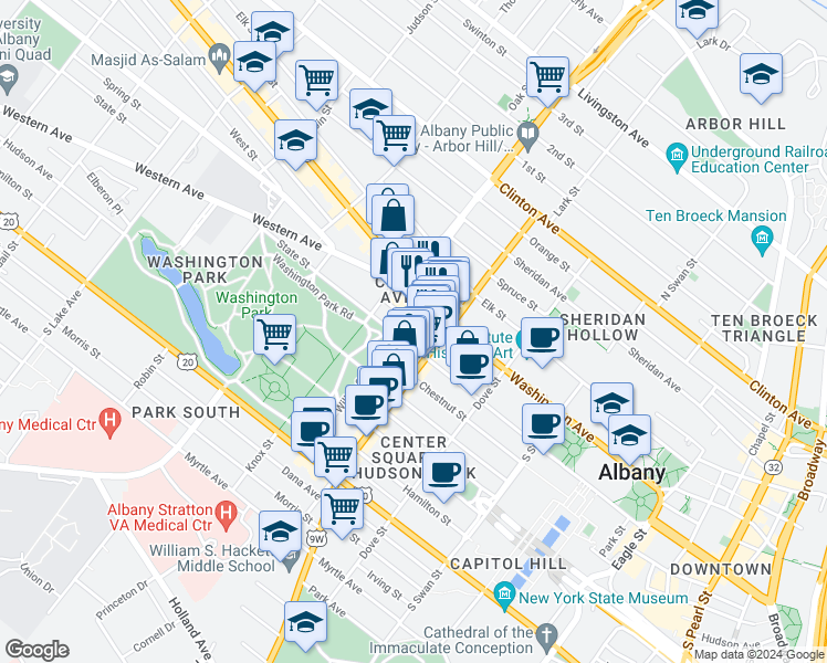 map of restaurants, bars, coffee shops, grocery stores, and more near 196 Lark Street in Albany