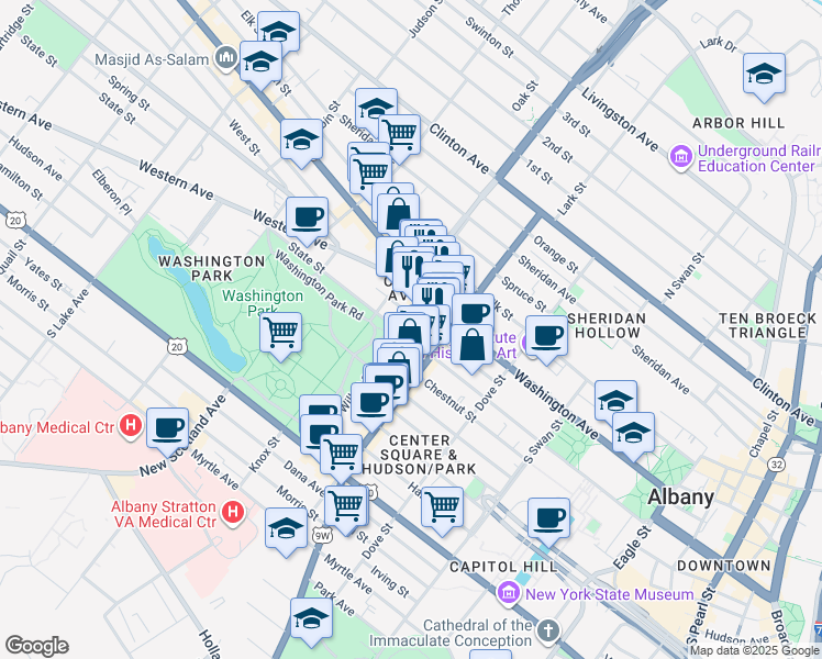 map of restaurants, bars, coffee shops, grocery stores, and more near 90 Spring Street in Albany