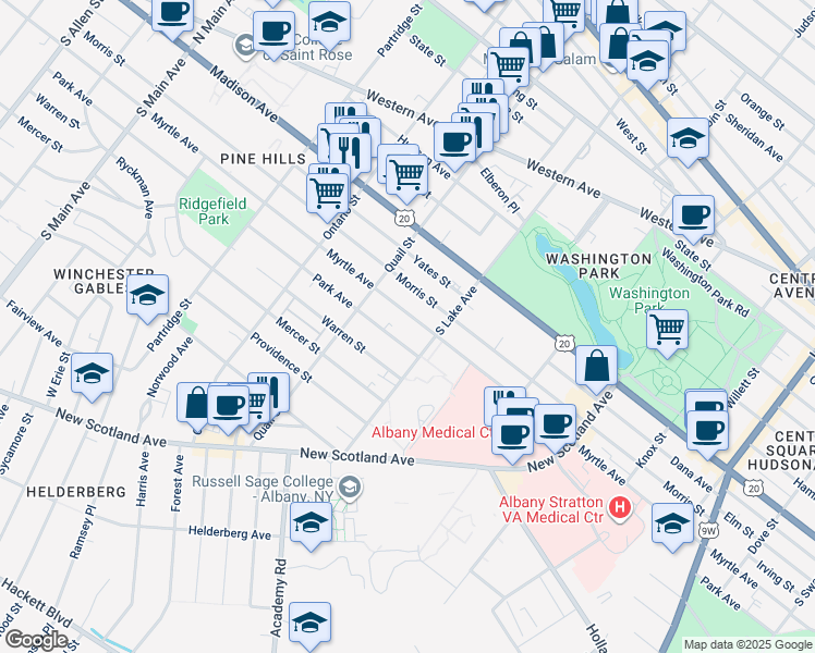 map of restaurants, bars, coffee shops, grocery stores, and more near 558 Myrtle Avenue in Albany