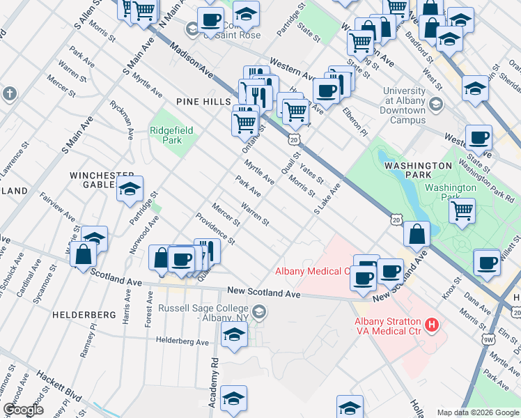 map of restaurants, bars, coffee shops, grocery stores, and more near 310 Quail Street in Albany