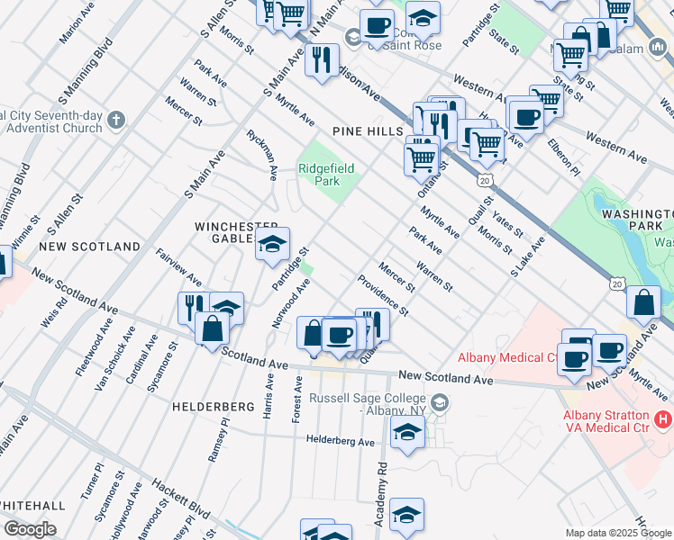 map of restaurants, bars, coffee shops, grocery stores, and more near 682 Providence Street in Albany