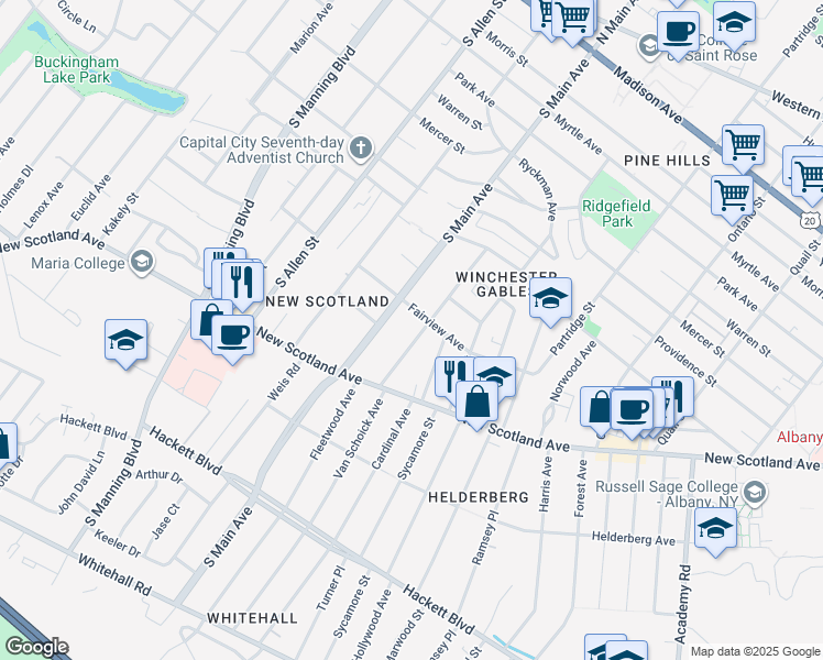 map of restaurants, bars, coffee shops, grocery stores, and more near 35 Oakwood Street in Albany