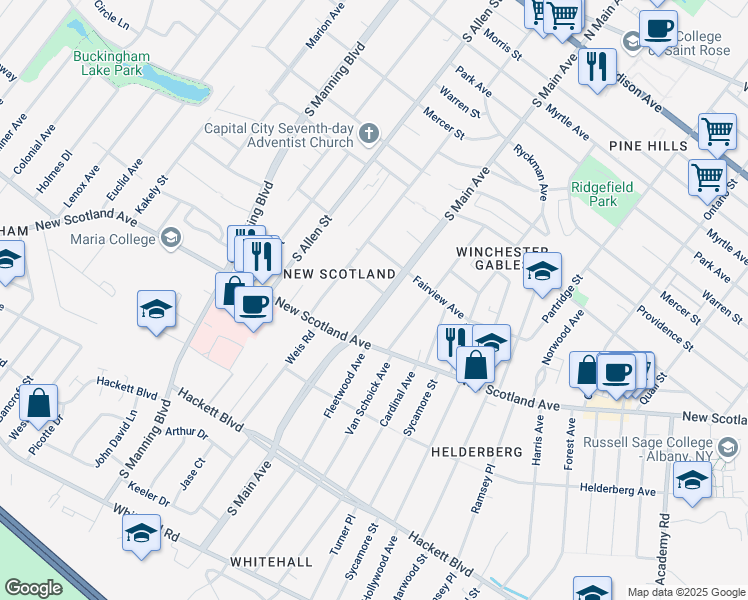 map of restaurants, bars, coffee shops, grocery stores, and more near 10 Harvard Avenue in Albany