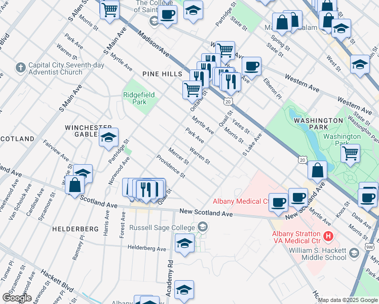 map of restaurants, bars, coffee shops, grocery stores, and more near 600 Warren Street in Albany