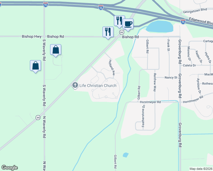 map of restaurants, bars, coffee shops, grocery stores, and more near 2700 Eaton Rapids Road in Lansing