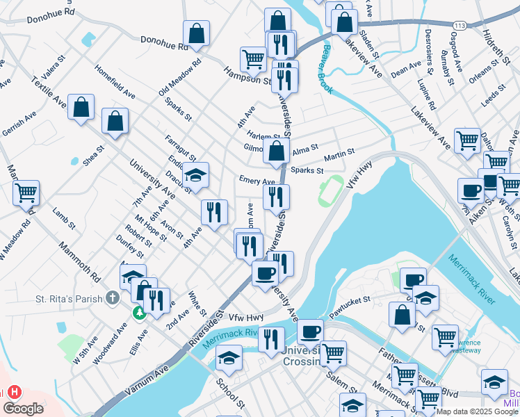 map of restaurants, bars, coffee shops, grocery stores, and more near 18 Bodwell Avenue in Lowell
