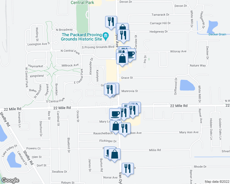map of restaurants, bars, coffee shops, grocery stores, and more near 49221 Van Dyke Avenue in Shelby charter Township