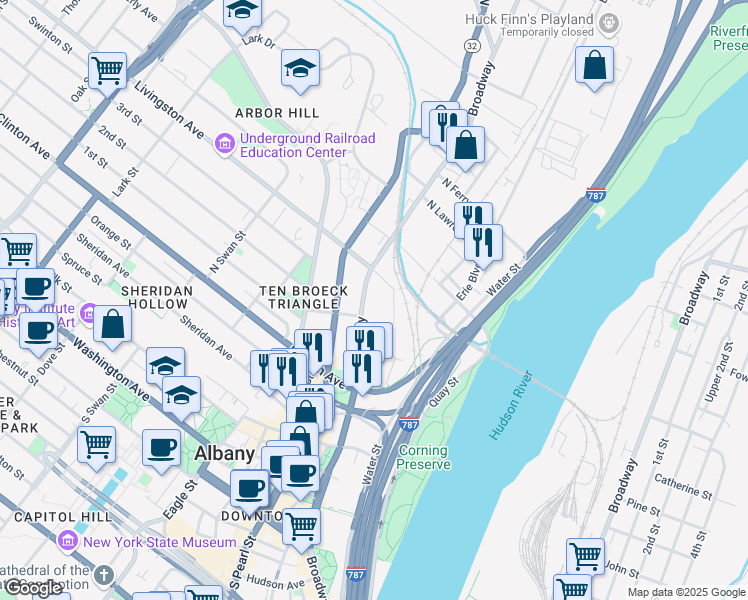 map of restaurants, bars, coffee shops, grocery stores, and more near 747 Broadway in Albany