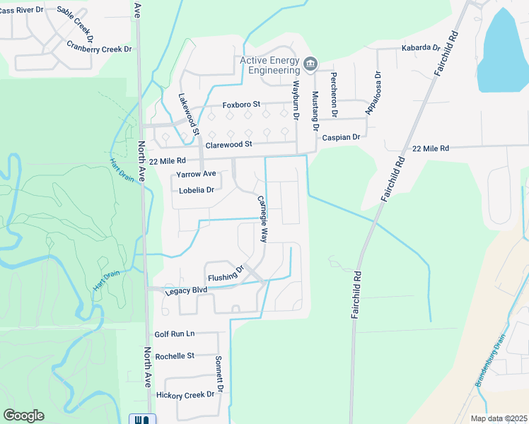 map of restaurants, bars, coffee shops, grocery stores, and more near Carnegie Way in Charter Township of Clinton