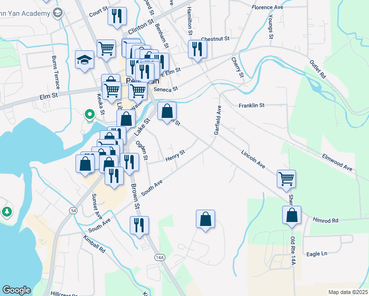 map of restaurants, bars, coffee shops, grocery stores, and more near 111 Henry Street in Penn Yan