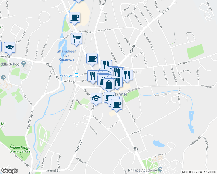 map of restaurants, bars, coffee shops, grocery stores, and more near 10-16 Main St in Andover