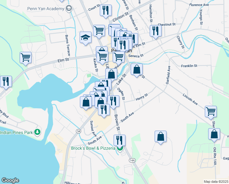 map of restaurants, bars, coffee shops, grocery stores, and more near 142 Lake Street in Penn Yan