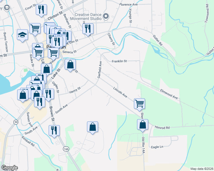 map of restaurants, bars, coffee shops, grocery stores, and more near 112 Lincoln Avenue in Penn Yan