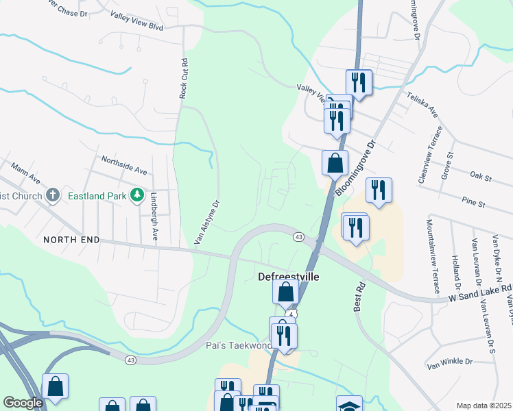map of restaurants, bars, coffee shops, grocery stores, and more near Oak Hill Circle & Laura Lane in Rensselaer