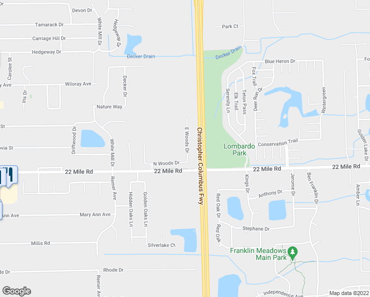 map of restaurants, bars, coffee shops, grocery stores, and more near 49199 East Woods Drive in Macomb County