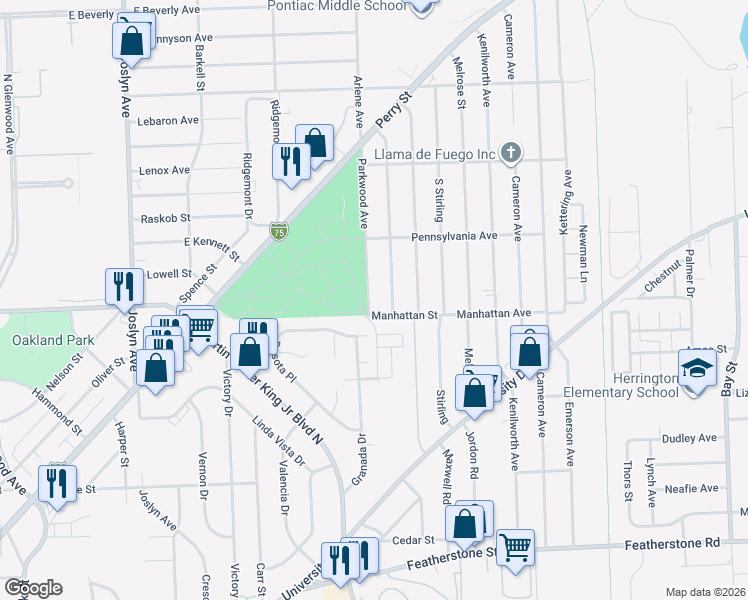 map of restaurants, bars, coffee shops, grocery stores, and more near 684 Parkwood Avenue in Pontiac